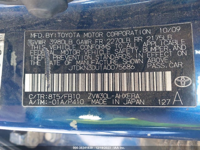 38341839 :رقم المزاد ، JTDKN3DU1A0075686 vin ، 2010 Toyota Prius Iii مزاد بيع