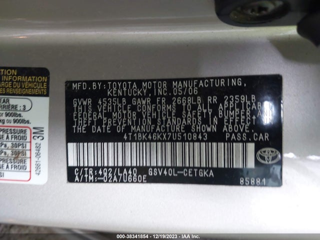 2007 TOYOTA CAMRY XLE V6 VIN: 4T1BK46KX7U510843