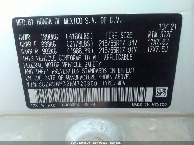 2022 HONDA HR-V AWD LX VIN: 3CZRU6H32NM723800