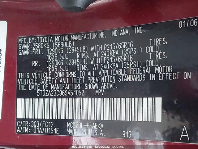 2006 TOYOTA SIENNA LE VIN: 5TDZA23C96S451052