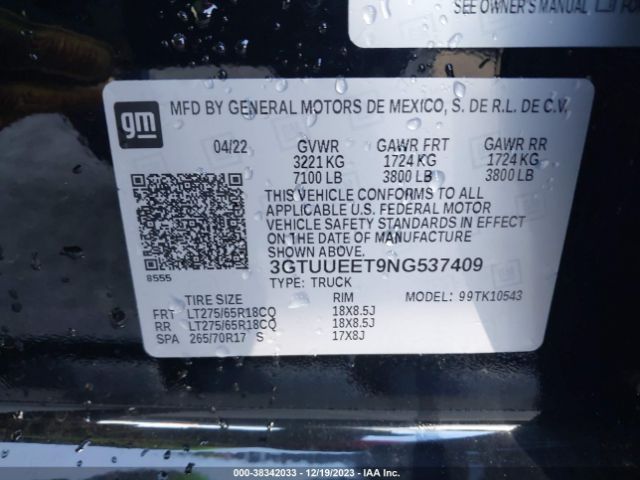 3GTUUEET9NG537409 GMC Sierra 1500 4wd  Short Box At4