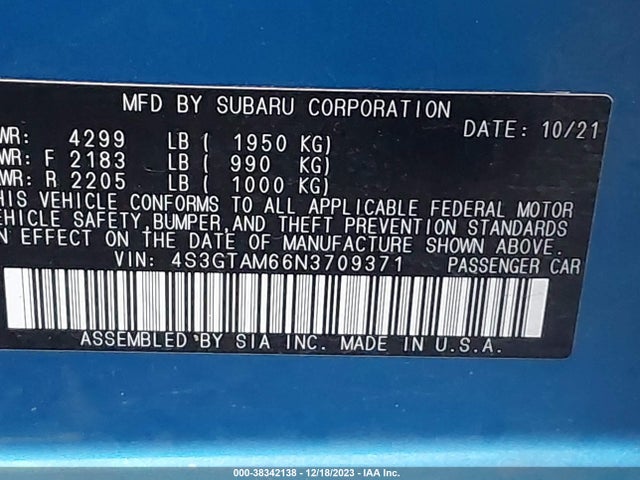 2022 SUBARU IMPREZA SPORT 5-DOOR VIN: 4S3GTAM66N3709371