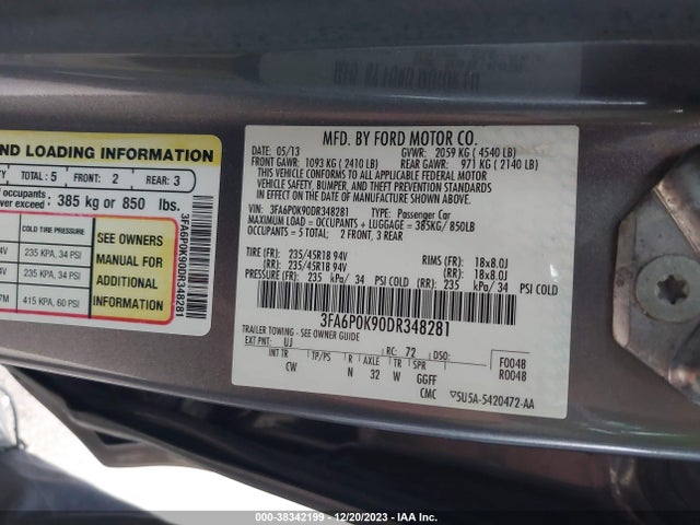 2013 FORD FUSION TITANIUM VIN: 3FA6P0K90DR348281