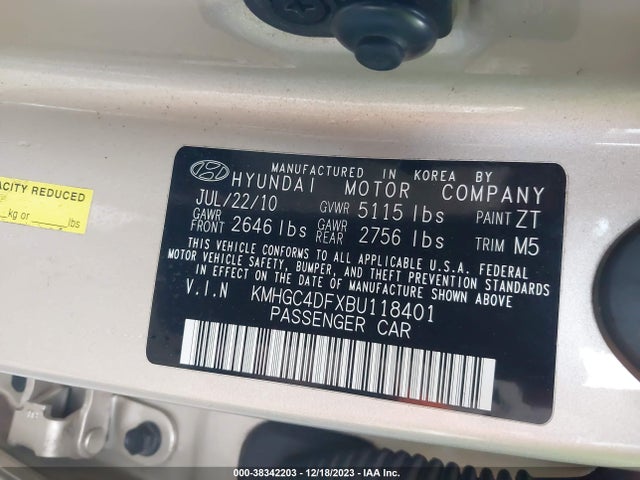 2011 HYUNDAI GENESIS 4.6 VIN: KMHGC4DFXBU118401
