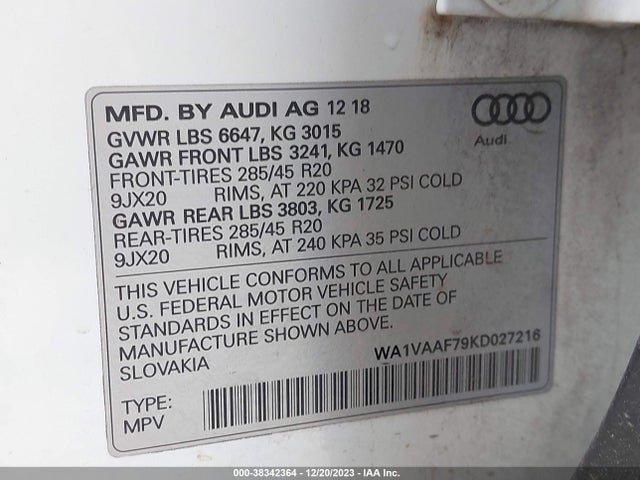 2019 AUDI Q7 55 PREMIUM VIN: WA1VAAF79KD027216