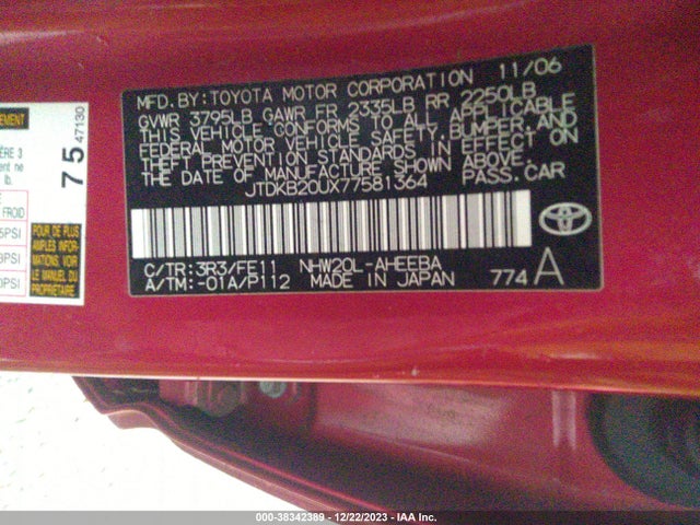 2007 TOYOTA PRIUS VIN: JTDKB20UX77581364