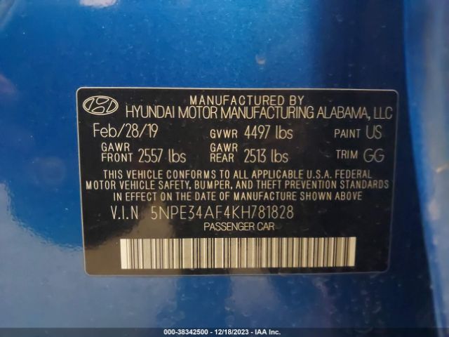 5NPE34AF4KH781828 Hyundai SONATA SEL