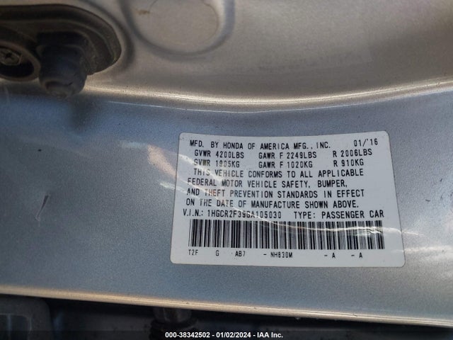 Honda ACCORD LX 2016 1HGCR2F39GA105030 Image 9