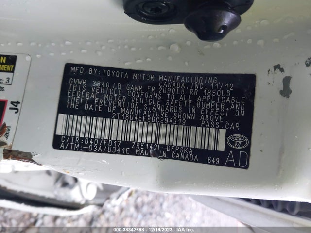 2013 TOYOTA COROLLA S VIN: 2T1BU4EE8DC994319