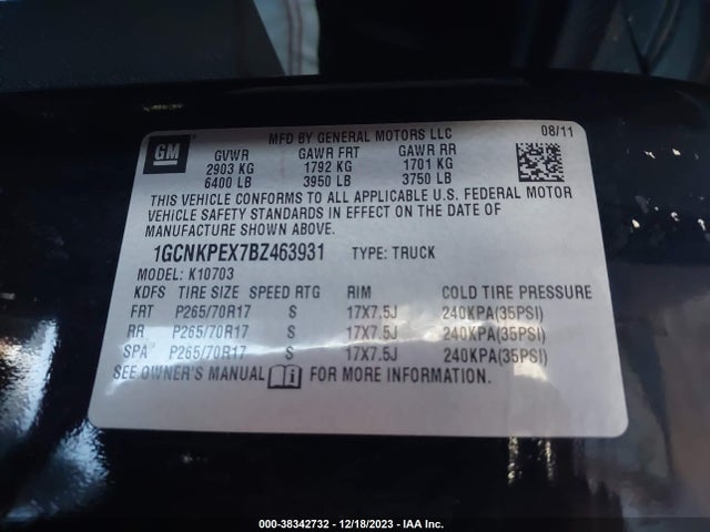 2011 CHEVROLET SILVERADO 1500 WORK TRUCK VIN: 1GCNKPEX7BZ463931