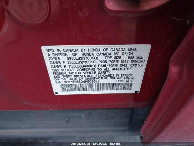 2004 HONDA PILOT EX-L VIN: 2HKYF18604H609372