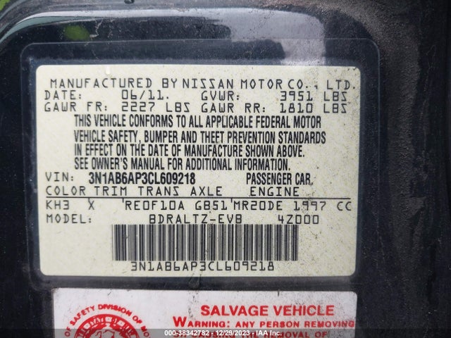 2012 NISSAN SENTRA 2.0 S VIN: 3N1AB6AP3CL609218