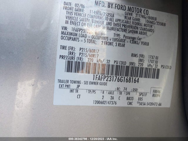 2006 FORD FIVE HUNDRED SE VIN: 1FAFP23176G168164