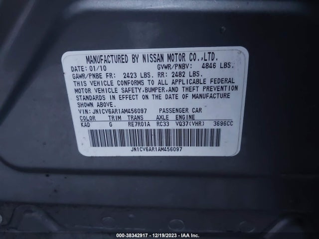 2010 INFINITI G37X ANNIVERSARY EDITION VIN: JN1CV6AR1AM456097