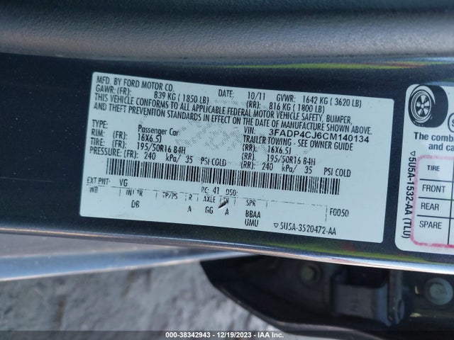 2012 FORD FIESTA SEL VIN: 3FADP4CJ6CM140134