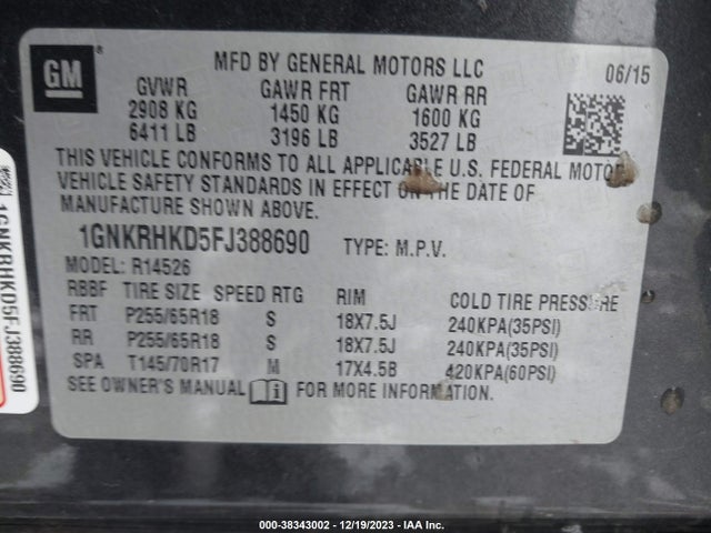 Chevrolet Traverse 2lt 2015 1GNKRHKD5FJ388690 Image 9