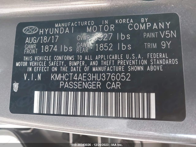 2017 HYUNDAI ACCENT SE VIN: KMHCT4AE3HU376052