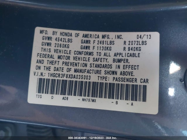 2013 HONDA ACCORD EX-L V-6 VIN: 1HGCR3F8XDA035003
