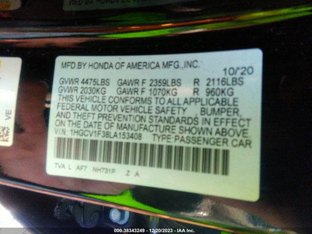 2020 HONDA ACCORD SPORT VIN: 1HGCV1F38LA153408