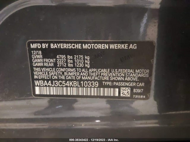 2019 BMW 430I GRAN COUPE XDRIVE VIN: WBA4J3C54KBL10339