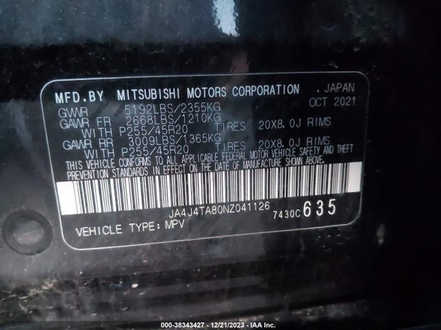 JA4J4TA80NZ041126 Mitsubishi Outlander Es 2.5 S-awc
