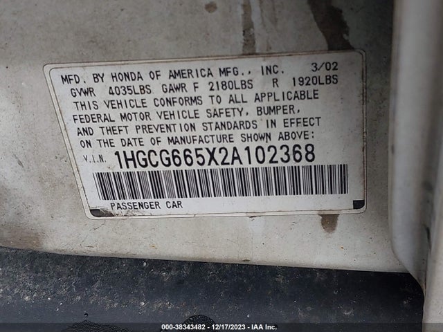 2002 HONDA ACCORD SDN LX VIN: 1HGCG665X2A102368