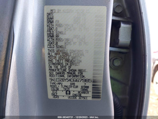 2004 NISSAN XTERRA XE VIN: 5N1ED28Y54C667985