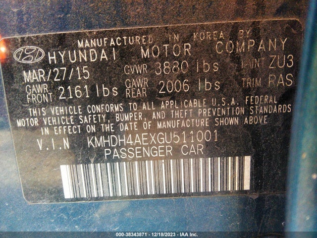 2016 HYUNDAI ELANTRA SE VIN: KMHDH4AEXGU511001