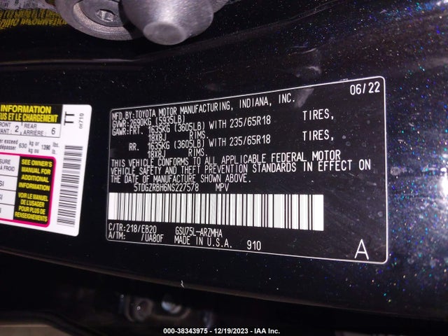 Toyota Highlander Xle 2022 5TDGZRBH6NS227578 Image 9