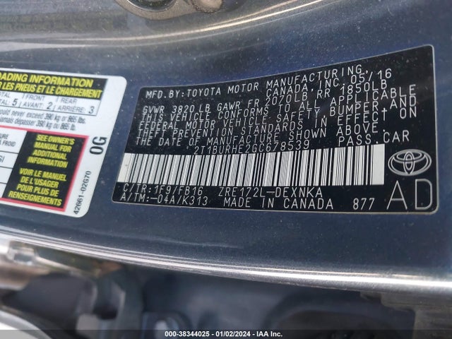 Toyota COROLLA LE 2016 2T1BURHE2GC678539 Image 9