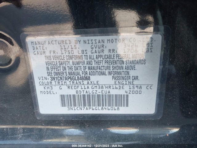 2016 NISSAN VERSA 1.6 SL VIN: 3N1CN7AP6GL846068