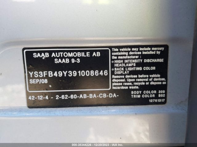 2009 SAAB 9-3 YS3FB49Y391008646 Photo 8