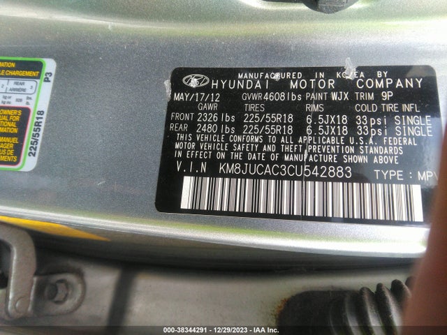 2012 HYUNDAI TUCSON LIMITED VIN: KM8JUCAC3CU542883