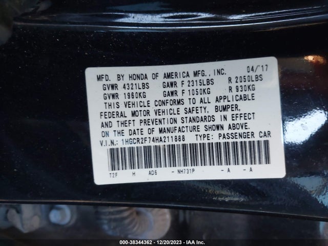 Honda ACCORD EX 2017 1HGCR2F74HA211888 Image 9