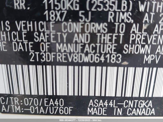 2013 TOYOTA RAV4 LIMITED VIN: 2T3DFREV8DW064183