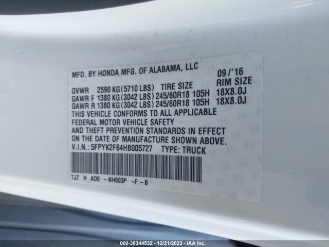 Honda Ridgeline Rtl-t 2017 5FPYK2F64HB005727 Image 9