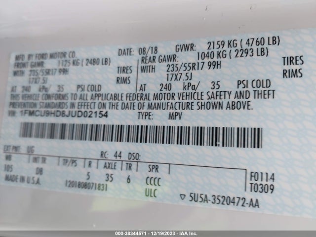 Ford ESCAPE SEL 2018 1FMCU9HD8JUD02154 Image 9