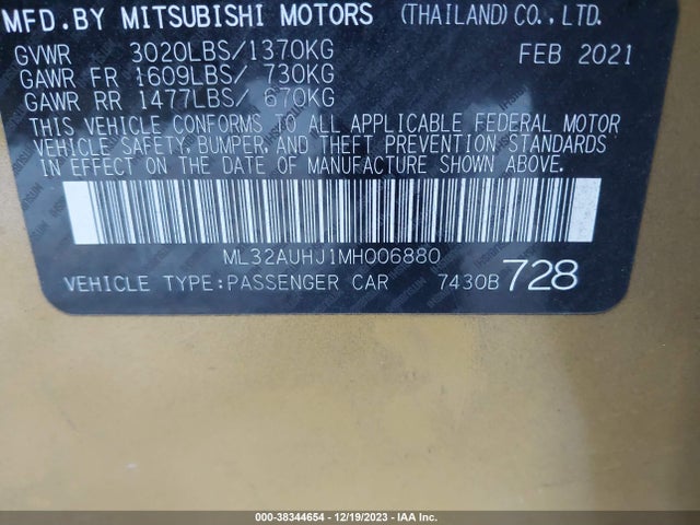 2021 MITSUBISHI MIRAGE CARBONITE EDITION/ES/LE VIN: ML32AUHJ1MH006880
