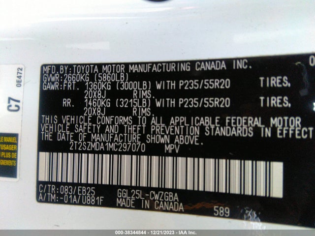 2021 LEXUS RX 350 F SPORT APPEARANCE VIN: 2T2SZMDA1MC297070
