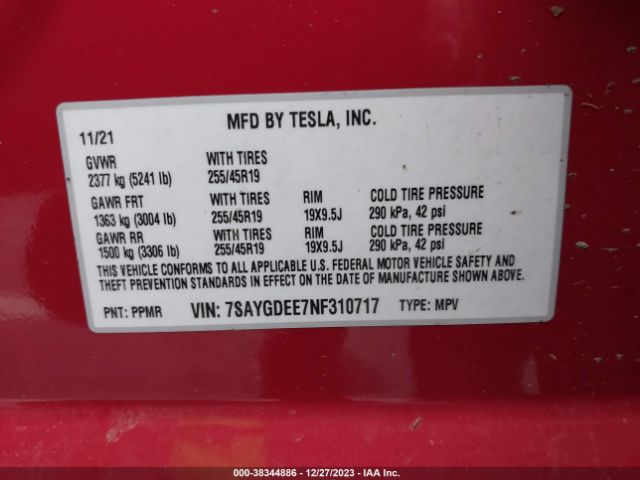 Tesla Model Y Long Range Dual Motor All-wheel Drive 2022 7SAYGDEE7NF310717 Image 9