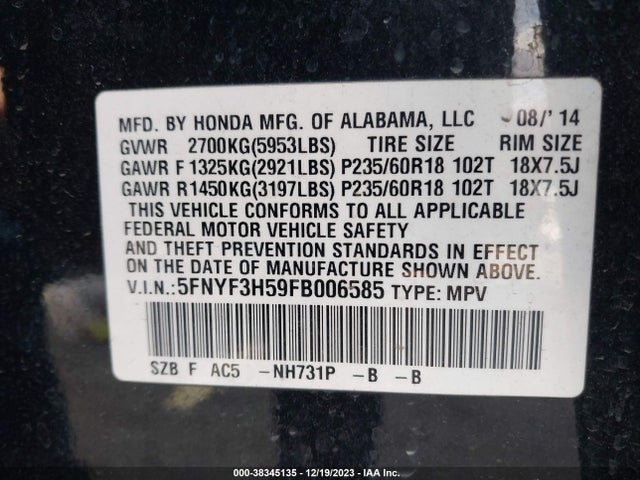 Honda Pilot Ex-l 2015 5FNYF3H59FB006585 Image 9