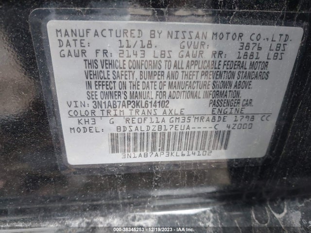Nissan SENTRA SV 2019 3N1AB7AP3KL614102 Image 9
