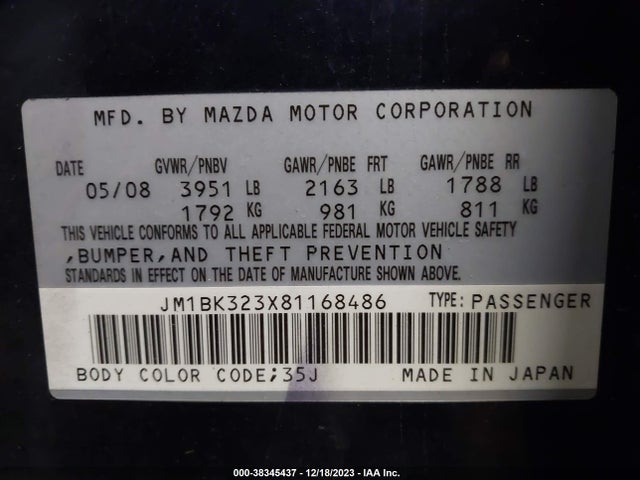 2008 MAZDA MAZDA3 S TOURING VIN: JM1BK323X81168486