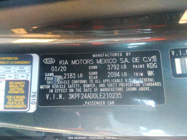 2020 KIA FORTE LXS VIN: 3KPF24AD0LE210235