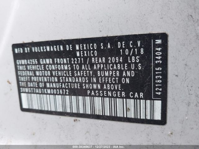 3VW5T7AU1KM003672 Volkswagen Golf Gti 2.0t Autobahn/2.0t Rabbit Edition/2.0t S/2.0t Se