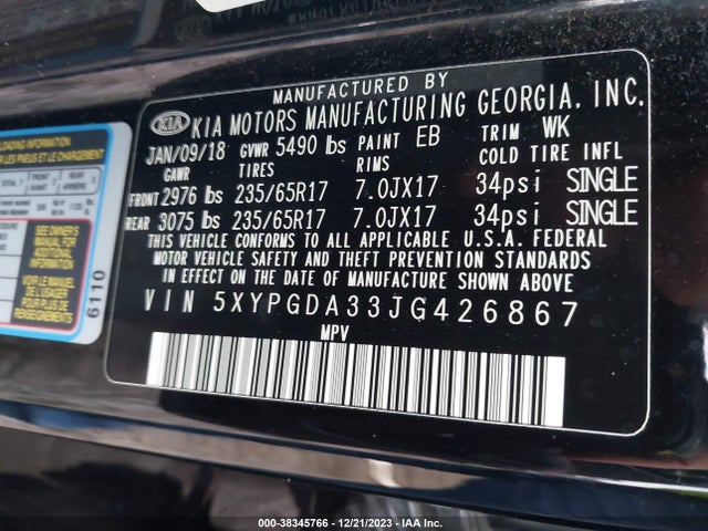 KIA Sorento 2.4l Lx 2018 5XYPGDA33JG426867 Image 9