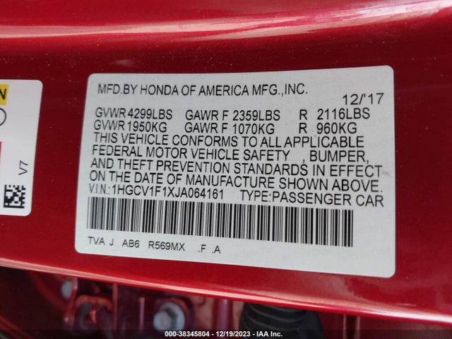 Honda ACCORD LX 2018 1HGCV1F1XJA064161 Image 9