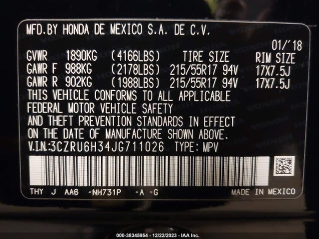 2018 Honda Hr-v Lx მანქანა იყიდება აუქციონზე, vin: 3CZRU6H34JG711026, აუქციონის ნომერი: 38345954