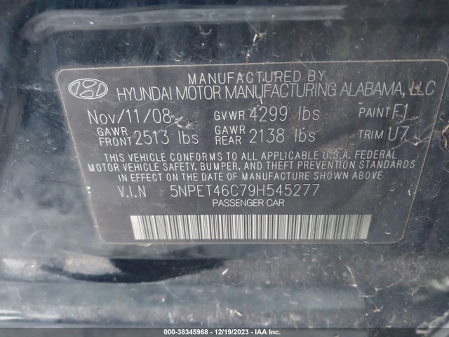 2009 HYUNDAI SONATA GLS VIN: 5NPET46C79H545277
