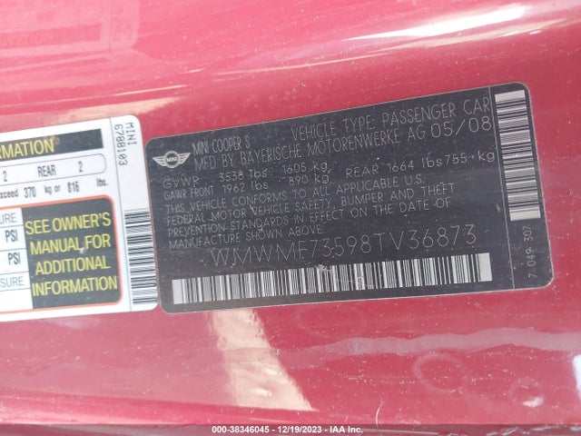 2008 MINI COOPER S WMWMF73598TV36873 Photo 8